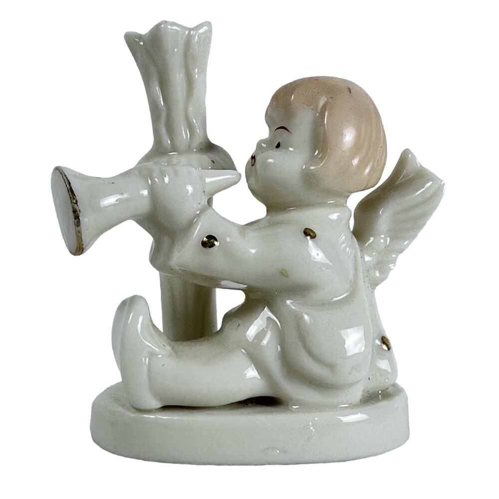 Mid-century Ceramic Cherub Angel with Horn Candle Holder/Vase Japan Vintage VG